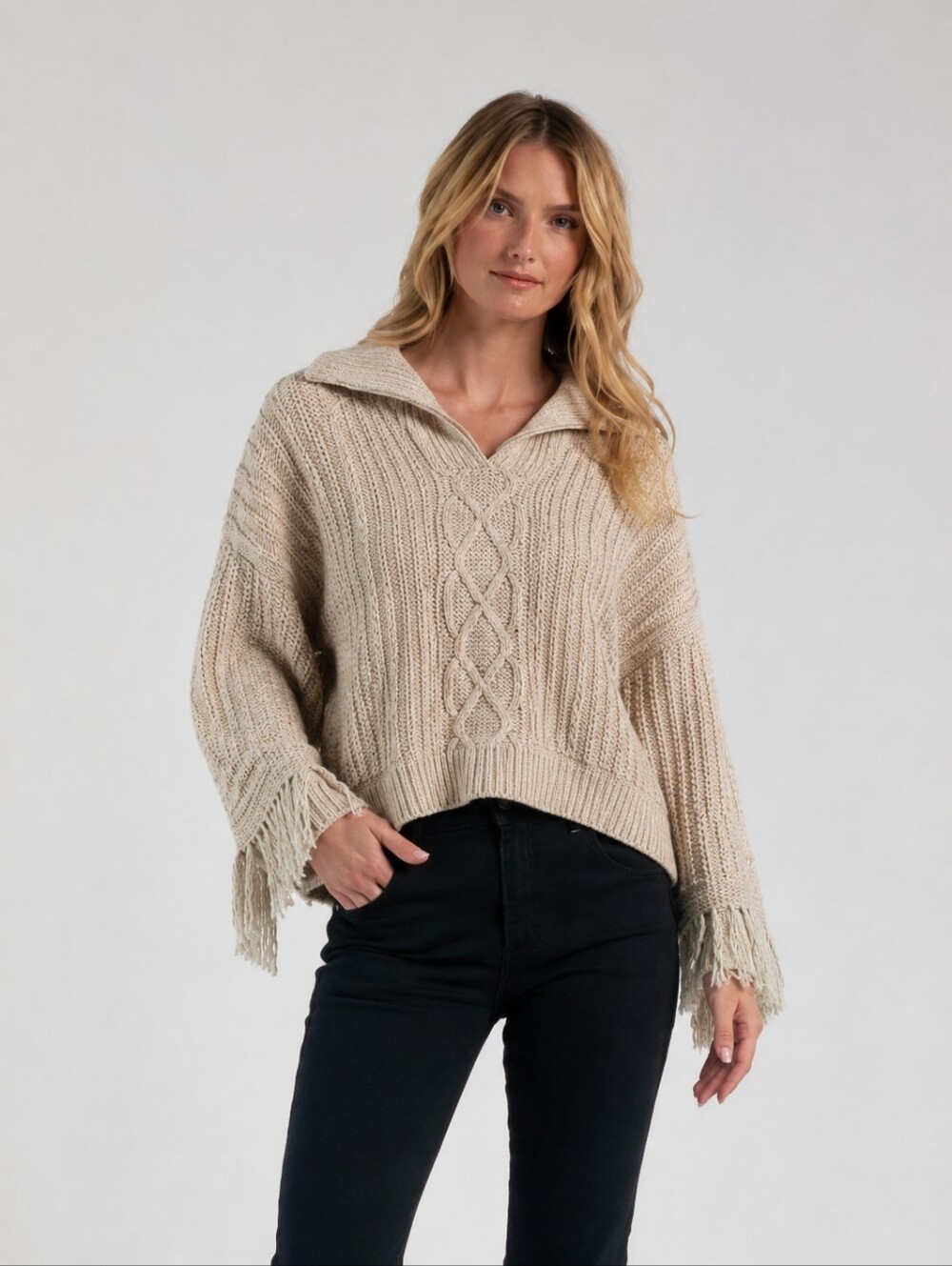 Elan Beige Fringe Cable-Knit V-Neck Sweater Cottage Core Boho Fall Sz M